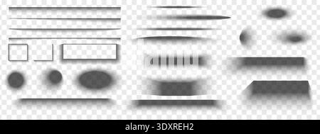 Set of soft gray shadow effects isolated on transparent background. Square, oval, round and rectangular shade shapes with blurry edges for box or page mockups. Vector realistic illustration. Stock Vector