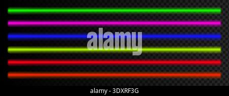 Set of neon colored LED fluorescent light tubes isolated on dark background. Green and pink, blue and yellow, red and orange laser sticks. Nightclub decoration elements. Vector realistic illustration. Stock Vector