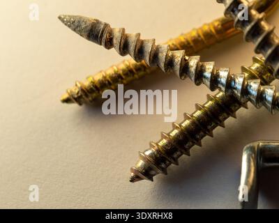 Close-up of mixed screws on a neutral surface. Metallic tones gleam under soft, diffused light. Sharp points and ridged threads stand out clearly. Eac Stock Photo