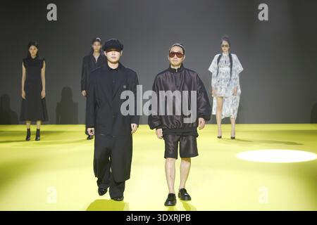 On March 4, 2026, in Daegu, South Korea, designers Chang Jae Young and Park Sang Joe react on the runway during a PID2026 (Preview in Daegu 2026) special event fashion show at EXCO in Daegu, South Korea. Preview in Daegu, the nation's largest textile exhibition, takes place every March in Daegu, the heart of Korea's textile industry. This year's event underscores the urgent need for structural change within the sector, emphasizing key themes such as achieving carbon neutrality, expanding high value-added materials, and accelerating the integration of artificial intelligence technologies. (Phot Stock Photo
