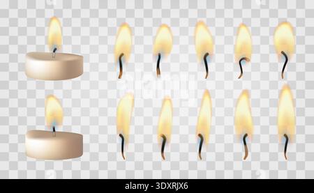 White tea candle, burning match. Light wedding romantic fire, 3d diwali heating flame. Golden shining paraffin cylinder, spa style glow. Round Stock Vector