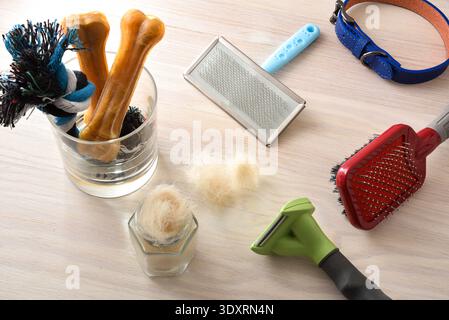 Top view of dog grooming tools and loose fur on a wooden surface, with brushes, rake, collar, bones, and deshedding tool illustrating seasonal sheddin Stock Photo