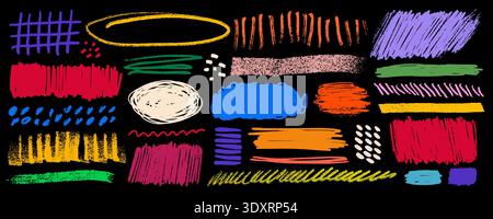 Crayon highlight strokes and scribble shapes in bright red, blue, yellow, green, orange on black background. Crayon highlight elements with pencil Stock Vector