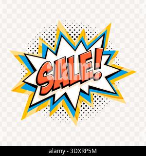 Comic style sale starburst with bold red lettering, layered blue and yellow burst shapes and halftone dots, isolated on transparent background. Eye Stock Vector