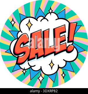 Round sale badge in comic style with red lettering framed by blue spikes and sparkling star accents on a teal spiral background. Bold sticker for shop Stock Vector