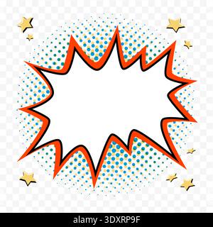 blank starburst shape with orange burst outline, blue and yellow halftone dots and small star accents in retro pop art vector style. Starburst shape Stock Vector