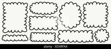 Hand drawn wavy shape frame set with square and rectangle doodle outlines in bold black line. Soft organic borders for text blocks, posters, stickers Stock Vector