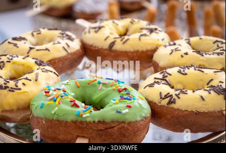 Close-up of assorted chocolate donuts with colorful sprinkles and sweet toppings arranged on a white background. Fresh bakery sweets and dessert. Stock Photo