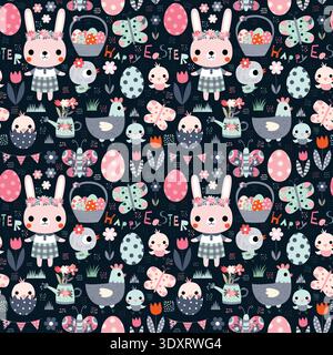 Cute seamless vector pattern for Easter holiday designs and packaging with bunny, chicken and eggs Stock Vector