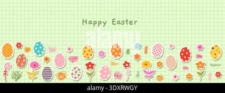 Cute Easter vector background with colorful eggs, flowers and copy space for text, Spring banner, flyer or poster design Stock Vector
