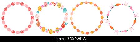 Cute Easter round vector frames with eggs, flowers and bunny faces, circle spring wreaths for greeting cards and Easter egg hunt designs Stock Vector