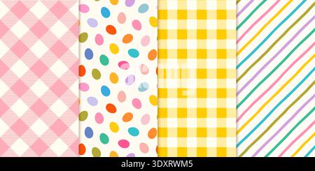 Pastel colors Easter vector seamless pattern set with colorful eggs, stripes and gingham check patterns for spring backgrounds for kids designs Stock Vector