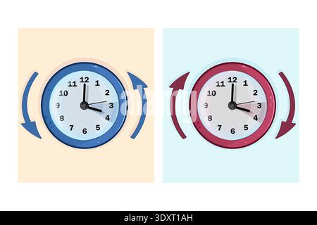 Clock with Spring Forward and Fall Back time change.Clocks with arrows indicating clockwise and counter-clockwise movement.Daylight Saving Time.Vector Stock Vector