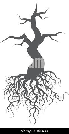 Tree roots silhouette. Dry trunk. Woodland botany Stock Vector