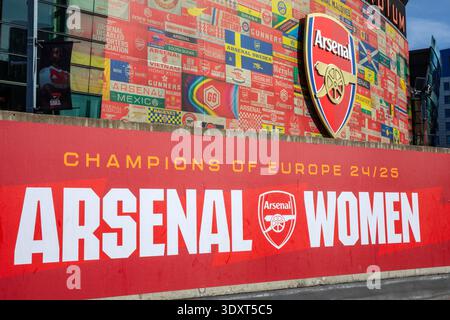 London, UK - March 2nd 2026: Sign celebrating Arsenal Women being the 2024/25 Champions of Europe at the Emirates Stadium - the home ground of Arsenal Stock Photo