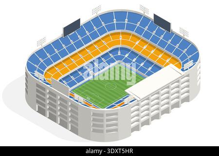 Isometric football stadium arena with green soccer field, tribune seat and sport infrastructure. Large arena prepared for professional championship Stock Vector