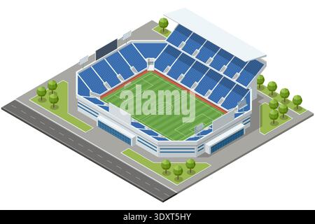 Isometric football stadium arena with green soccer field, tribune seat and sport infrastructure. Large arena prepared for professional championship Stock Vector