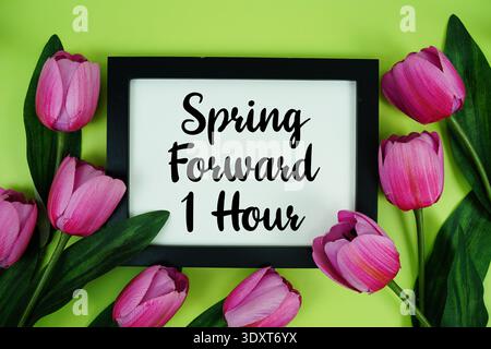 Spring Forward 1 Hour Daylight Savings Time message with bunch of flowers on green background Stock Photo