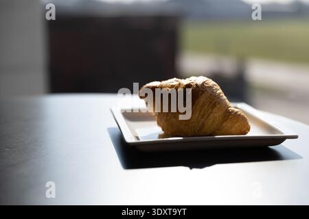 Golden buttery croissant on white plate with green field window background. Stock Photo