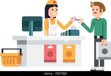Man pay on store cash register. Shop checkout color icon Stock Vector