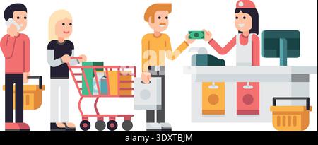 Supermarket cashier people queue. Grocery shopping line Stock Vector