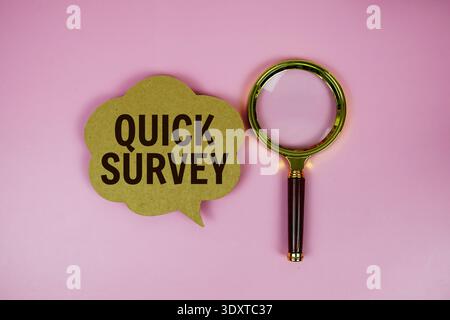 Quick Survey text on speech bubble with magnifying glass on pink background Stock Photo
