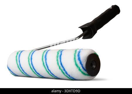 paint roller isolated white background, textured white blue and green striped synthetic cover, metal wire frame with black plastic handle, side view Stock Photo