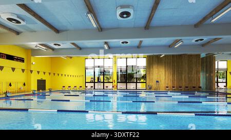 A side view of a modern indoor swimming pool with bright yellow walls and wooden paneling. The empty lanes feature red, white, and blue markers. .3D r Stock Photo