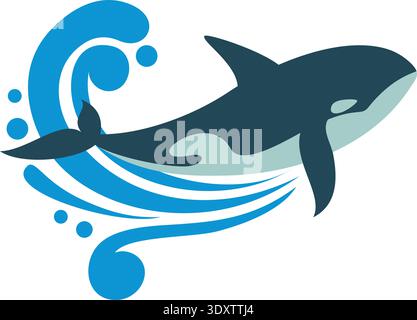Marine logo with orca animal jumping from water waves Stock Vector