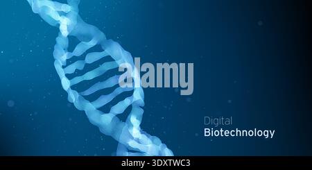 Abstract blue DNA molecule, double helix Technology illustration. Gene digital biotechnology futuristic concept. Biology genetic research backdrop. Stock Vector