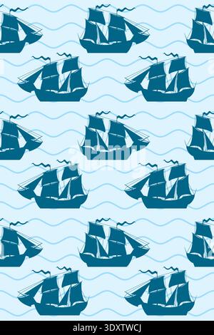 Sailing ship decorative pattern. Seamless marine background Stock Vector