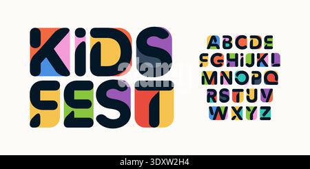 Color Font Logo Alphabet Vector Fun Letter Set Blocky Typography, Art Typographic Design for Kids Zone Title Text, Toy Typo Poster Headline, Type Fest Stock Vector