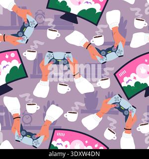 Womens and mens hands with game consoles play computer games. Gamers seamless pattern. Videogame joysticks. Computer or television screen. Repeated Stock Vector