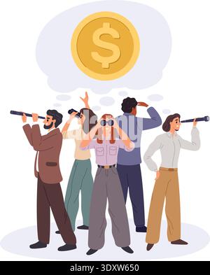 Team male and female businesspeople looking for ways to make money and new business ideas. People with binoculars searching financial profit Stock Vector
