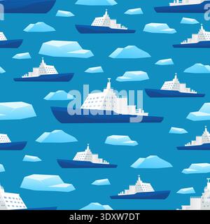 Large icebreaker sails in cold waters of ocean alongside big chunks of ice floe. Arctic seamless pattern. Cold sea navigation. Repeated print. Marine Stock Vector