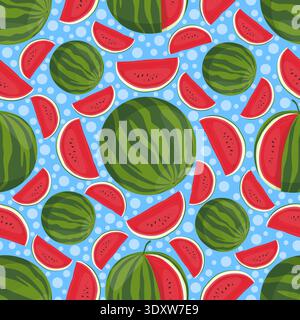 Juicy ripe watermelon seamless pattern. Tasty berry pieces. Whole and cut into slices. Vegan diet dessert. Summer beach food. Peel and fruit seeds Stock Vector