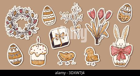 Cute Easter bunny and chick sticker set in crayon chalk style Stock Vector