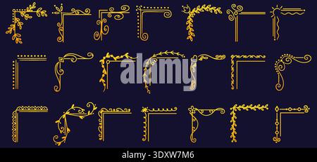 Golden vintage corners. Vintage book pages decor. Elegant borders in antique style. Botanical motif. Floral ornament frame with filigree line flourish Stock Vector