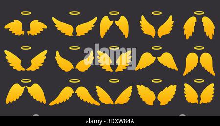 Golden angel wings with halos. Flight to heaven. Divine good forces. Angelic innocence aureole. Celestial saint. Gold nimbus. Paradise elements Stock Vector