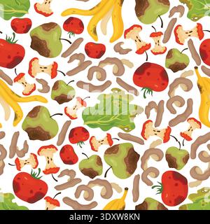 Food scraps seamless pattern. Vegetable and fruit peelings Organic garbage. Repeated print. Spoiled products. Stinking tomato. Filthy lettuce leaves Stock Vector