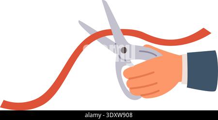 Businessman cuts red ribbon with scissors. Tape dividing. Beginning ceremony stripe cutoff. Separation with clippers. Snip cutting thread at Stock Vector