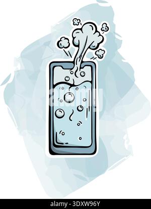 Digital burnout and information fatigue icon. Boiling smartphone with steam and bubbles. Hand drawn doodle with watercolor spot Stock Vector