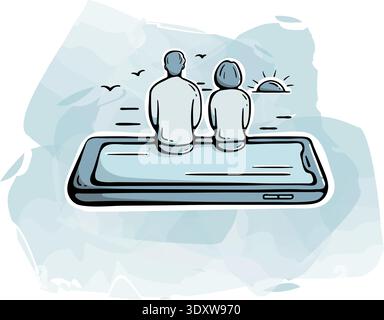Device free zone and life without phones icon. Couple on giant smartphone watching sunset. Hand drawn doodle with watercolor spot Stock Vector