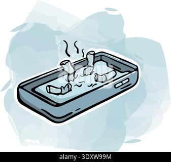 Digital toxicity and smartphone addiction icon. Mobile phone as an ashtray with cigarette butts. Hand drawn doodle with watercolor spot Stock Vector