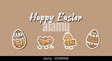 Hand drawn Easter chicken character banner with kraft paper texture. Stock Vector