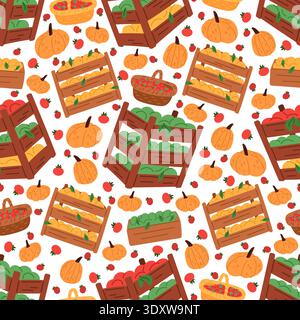 Autumn harvest of fruits and vegetables. Farming crop boxes seamless pattern. Ripe pumpkins. Repeated print. Tomatoes and apples in wooden crates Stock Vector