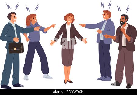 Angry businessmen point fingers at their colleague. Social bulling. Conflict in workplace. Negative feedback. Pressure and blame to outcast. Unhappy Stock Vector