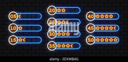 Neon numeric rating bars from 0.5 to 5.0 with glowing stars. Modern design emphasizes score progression and evaluation scale. Great for product Stock Vector