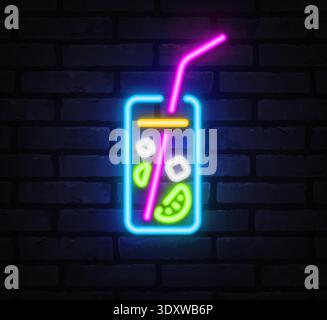 Colorful neon vector of a fresh lemonade with ice cubes and citrus slices. Luminous lines give a modern street style vibe. Ideal for cafe decor, menu Stock Vector