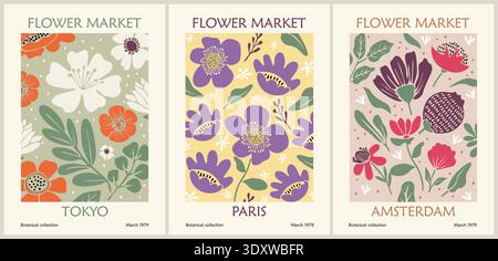 Flower Market Tokyo, Paris, Amsterdam art posters Stock Vector
